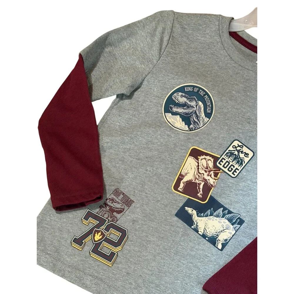 NWOT Garanimals Casual 365 Kids Gray Burgundy Long Sleeve Dinosaur Graphic Tee 6